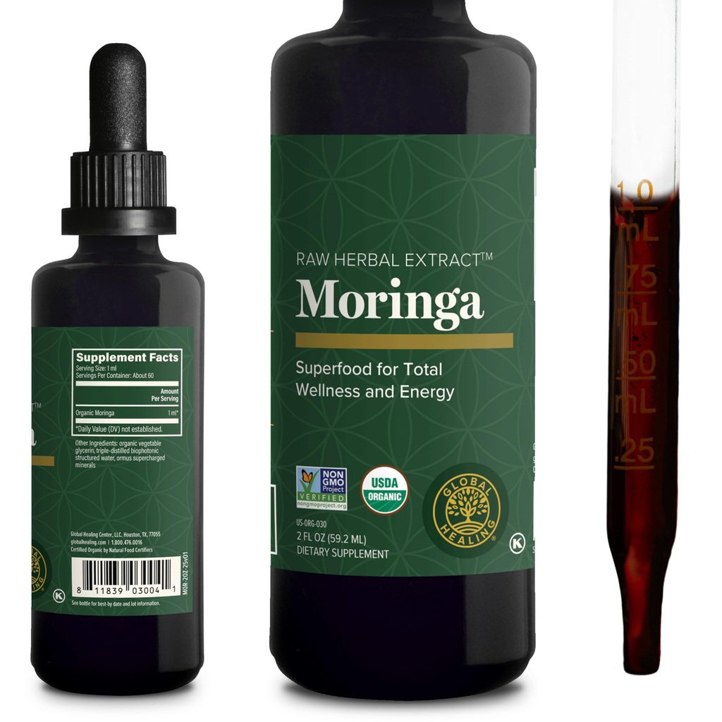 Global Healing Center - Organic Moringa Oleifera Extract Liquid Drops, Moringa Supplement-Vegan alkaen Tree Lehdet-Max Imeytyminen vitamiineja ja Minerals- Lisää Potency Than Powder Form (2 Fl Oz)