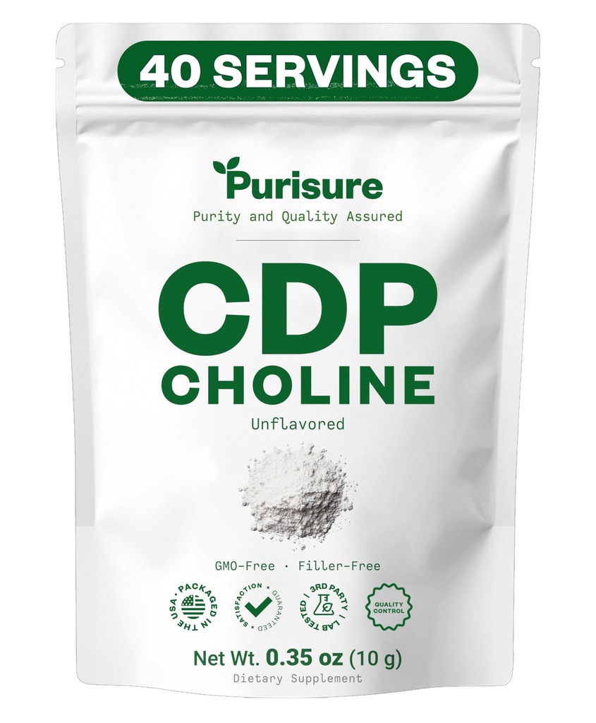 Purisure CDP Choline Powder, 10g, CDP Choline lisäravinteet, jotka tukevat huomiota, keskittyä ja energiaa, Citicoline Powder for Cognitive Function, Lisää motivaatiota ja tuottavuutta, 40 palvelinta