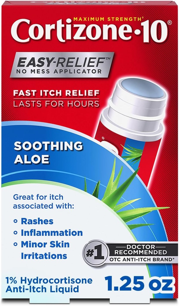 Cortizone-10 Maximal Strength Soothing Aloe Itch Relief No Mess Applicator, 1% Hydrocortisone, Fast-Acting, Anti-Itch Liquid för Bug Bites, Rash, Eczema, Psoriasis, Poison Ivy, Oak & Sumac, 1,25 fl oz