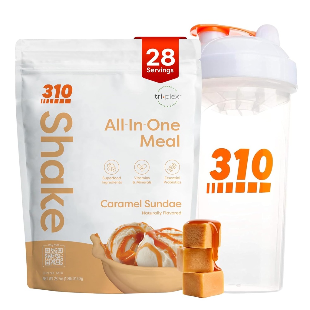310 Nutrition All-in-One Meal Replacement Shake Powder w/Shaker Cup Starter Kit - Korkea proteiinikuitu Rich Vegan Superfood Blend - Sokeriton, Keto & Paleo Friendly, Low Carb - Caramel Sundae 28 srv