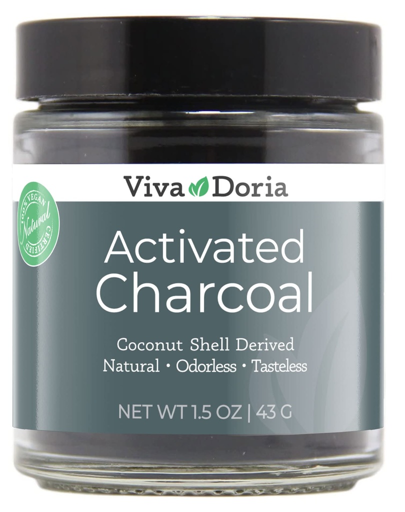 Viva Doria Neitsyt Aktiivinen hiilihiilijauhe, Coconut Shell Derived, Ruokaluokka, 1,5 Oz lasiastia
