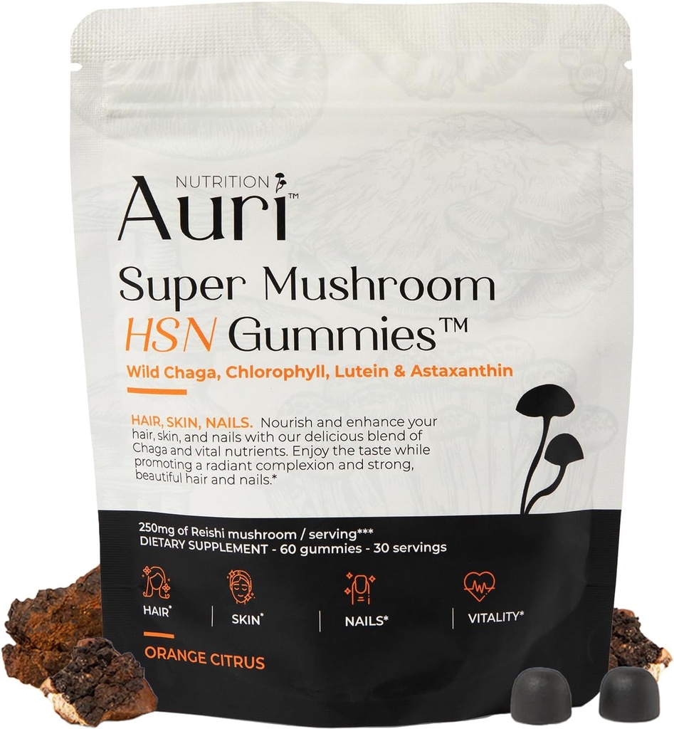 Auri Super Mushroom HSN Gummies - hiukset iho ja kynnet Gummies Toiminnalliset sieniä täydentää - Wild Chaga, klorofylli, Lutein ja Astaksantiini - 60 Orange Citrus Gummies