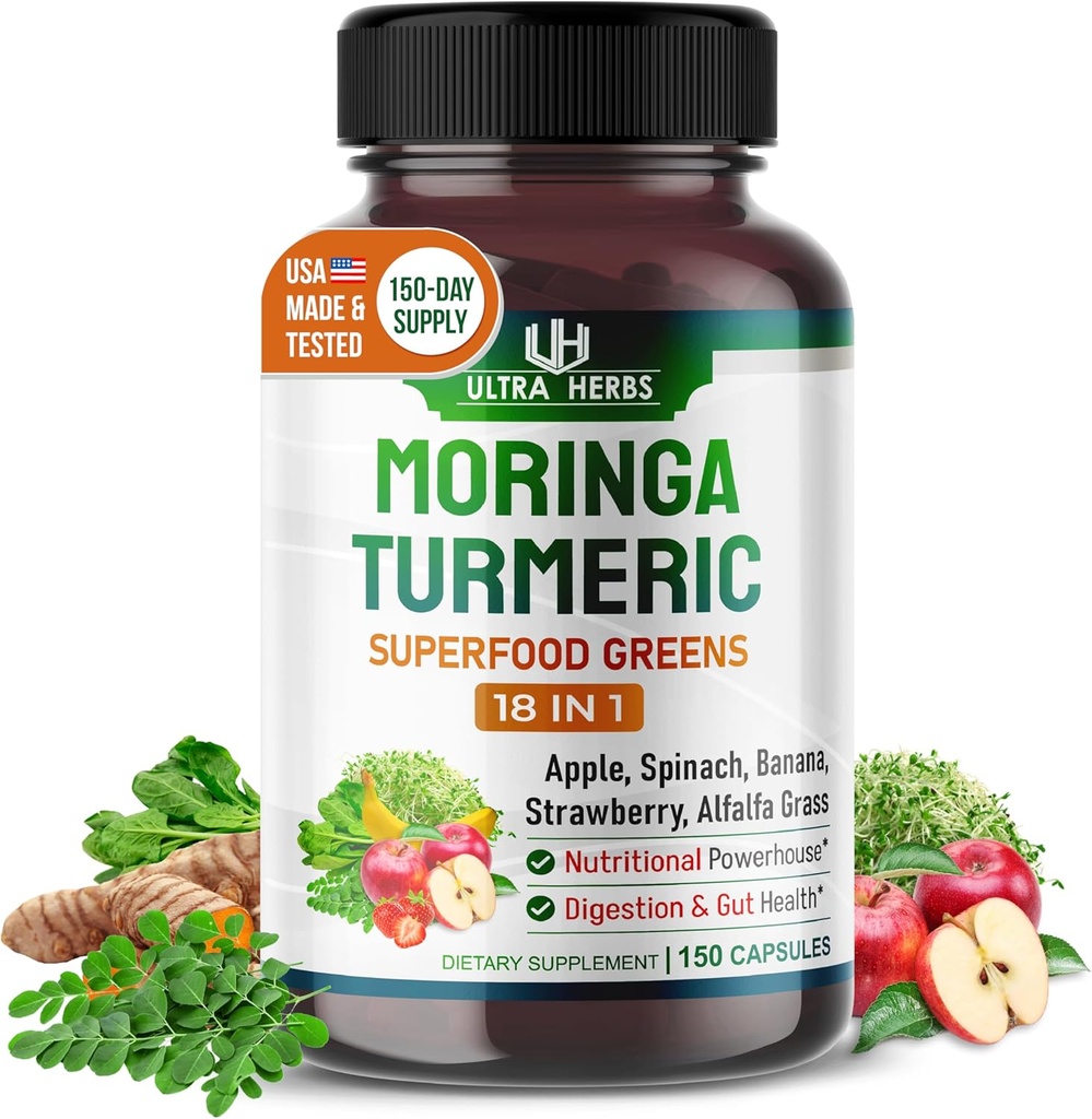 Superfood Greens 18 IN 1 - med Fruits & Vegetables & Herbs -Moringa, Alfalfa, Apple, Spinatch, Banana, Strawberry- Boost Energy, Immunity and Gut Health (150-dagars leverans (paket 1)