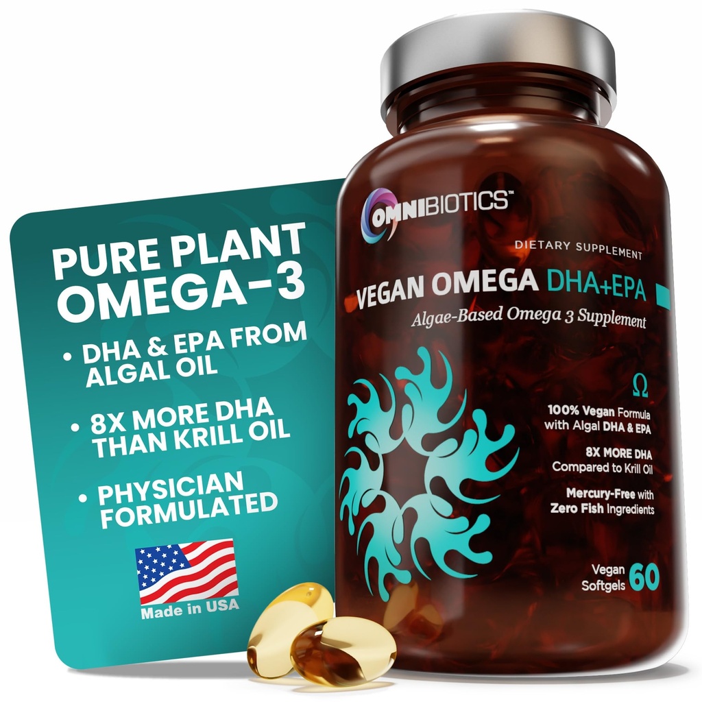OmniBiotics Vegan Omega 3 DHA EPA täydennysosa ... MD-sertifioitu prenataali täydennys 8X enemmän DHA kuin Krill Oil, Fish-free, ei-GMO 60 vegan kapselit