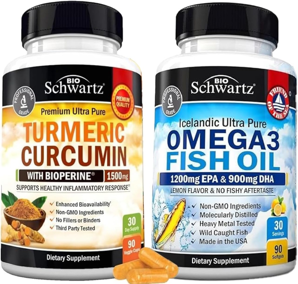 Triple Strength Omega 3 Fish Oil Softgels (1 kuukausi tarjonta) Plus Turmeric Curcumin Black Pepper Extract 1500mg Complex (1 kuukausi tarjonta)