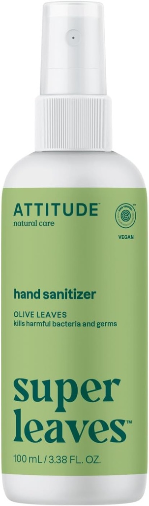 ATTITUDE Hand Sanitizer Spray, EWG Varmennettu, tappaa Germs & Bakteerit, Vegan & Plant-Baseed, turvallinen aikuisille & lapsille, Oliivin lehdet haju, 3.38 Fl Oz (Spray Bottle)