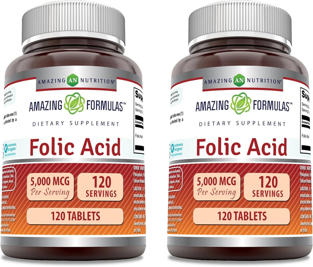Fantastiska formler Folic Acid Supplement | 5000 Mcg | 120 tabletter | Icke-GMO | Gluten Free | Made in USA (2 Pack)