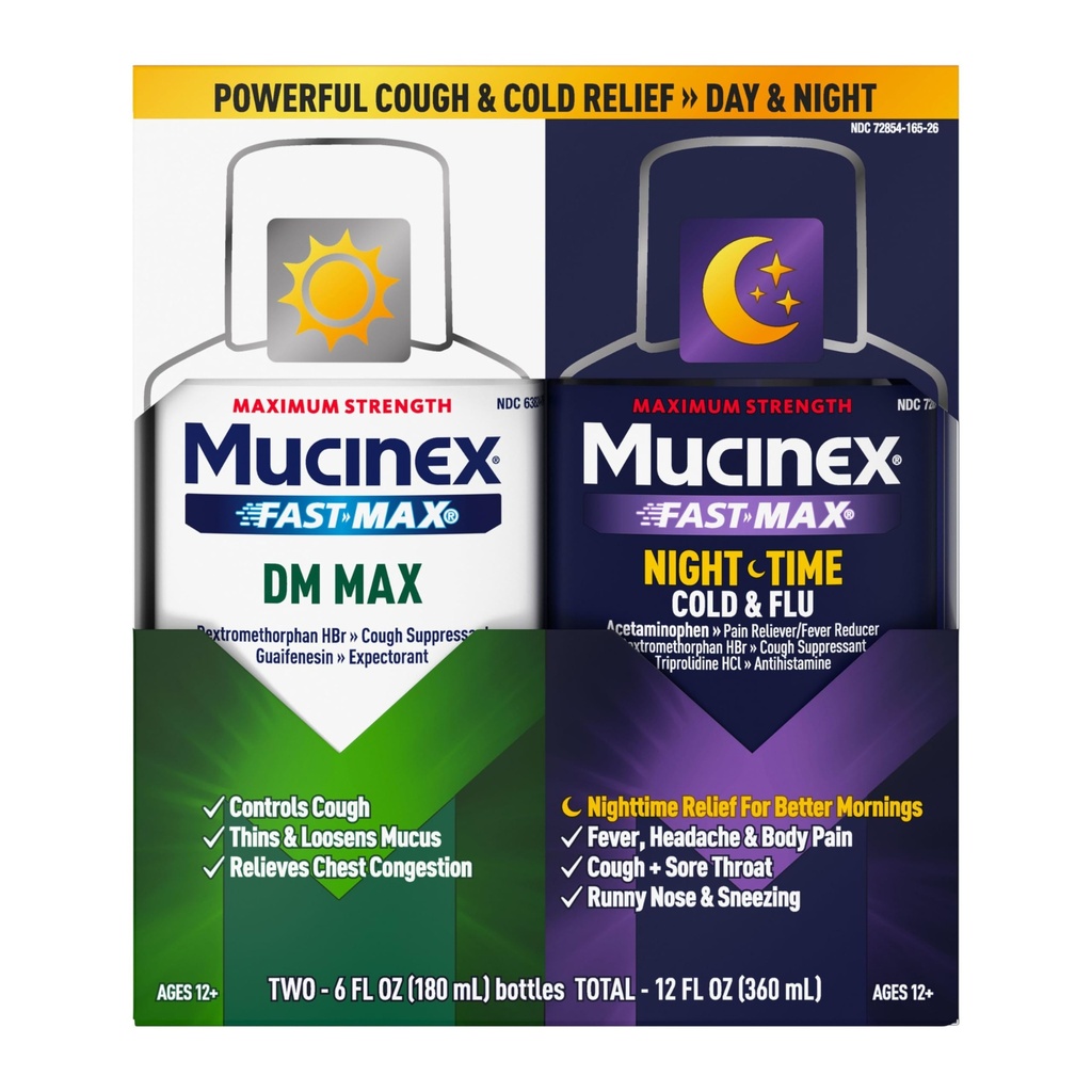 Max & Mucinex Yövuorossa kylmä ja flunssaneste (2 x 6 fl. oz.) Ohuet ja löysät limat, lievittää yskän ja rintojen tukkoisuutta, kipua, kuumetta, aivastelua, kurkkukipua, nenäverenvuotoa