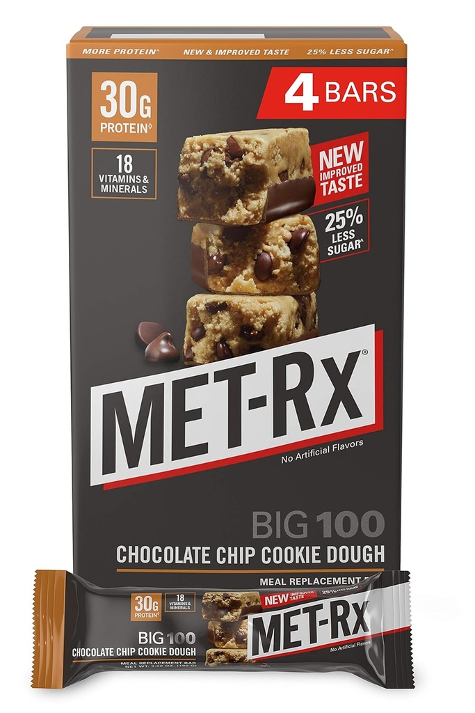MET-Rx Iso 100 Kolossaal proteiinipatukkaa, suuri kuin terveellinen ateriankorvike, välipala, ja auttaa tukemaan energiaa, Gluteeniton, Chocolate Chip Cookie Dough, 100 g, 4 Count (Pakkaus May Vary)