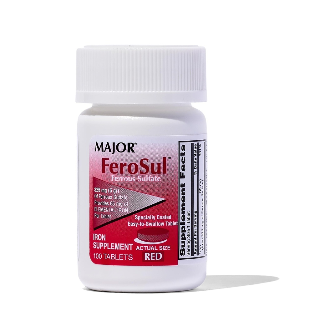 Major Ferosul - Ferrous Sulfate 325 mg tabletit 65 mg Elementaalirauta - rauta täydentää naisille, miehet - punainen - 100 tablettia - pakkaus 1
