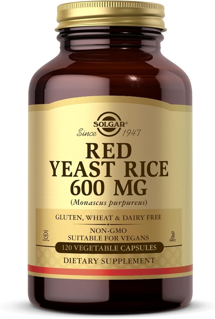 Solgar Red Yeast Rice 600 mg - 120 Kasvikapselia - ei-muuntogeenisiä organismeja, vegaanisia, gluteenittomia ja meijerittömiä, Kosher - 60 tarjoilua