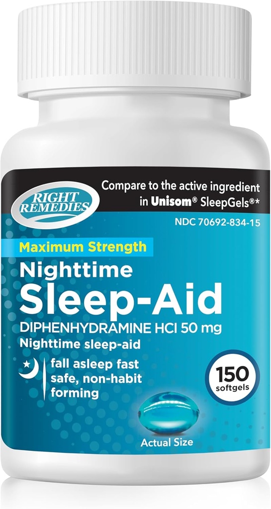 Nighttime Sleep Aid Softgels, (150 softgels), Diphenhydramine HCI 50 mg, Fall Asleep Fast, stöder djupare, Restful Sleep