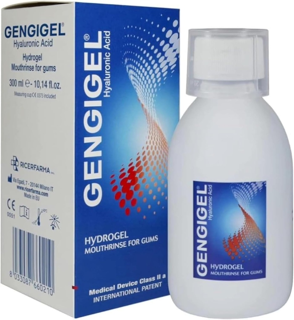 Gengigel Hyaluronic Acid Mouthrinse (300 ml), oraalihoitoratkaisu Gum Healthille, vähentää epämukavuutta, auttaa lievittämään Gum-depressiota ja ientulehdusta, ei alkoholia tai SLS:ää, Vegan & Kosher