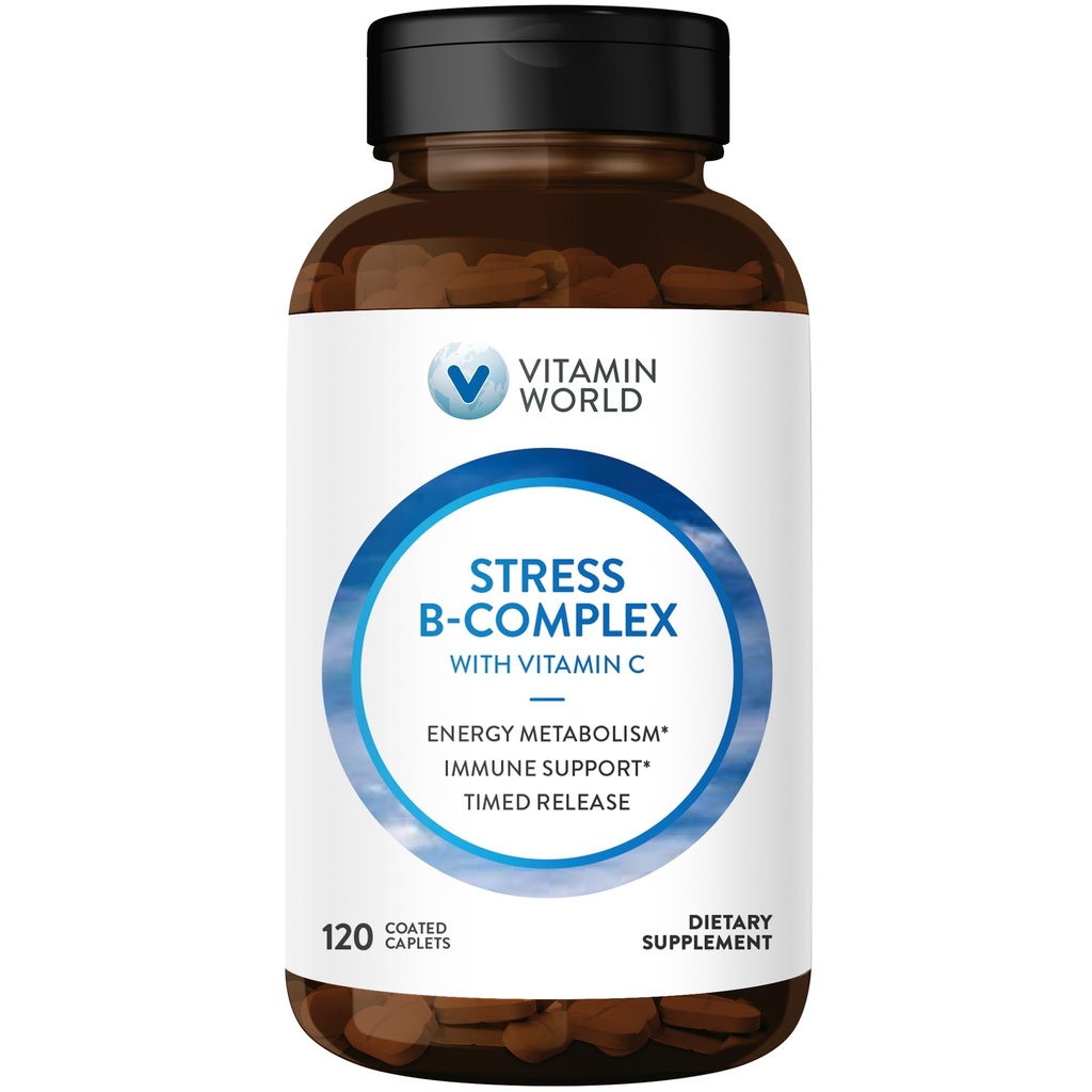 Maailman stressi B-vitamiinikompleksi C-vitamiinilla, ajoitettu release Korkea-Potenssi B6-vitamiini, B12, Niasiini, Folaatti & Biotiini stressiin, energia, aineenvaihdunta & immuunituki, ei-GMO, 120 Caplets