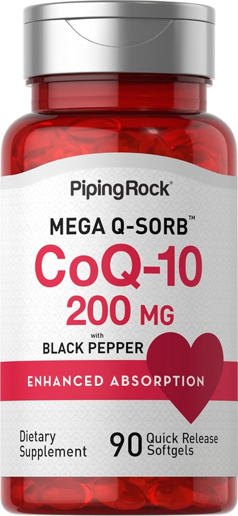 Piping Rock CoQ10 200mg Softgels | 90 greve | Tillskott för kvinnor och män | med Black Pepper Extract | Non-GMO, Gluten Free