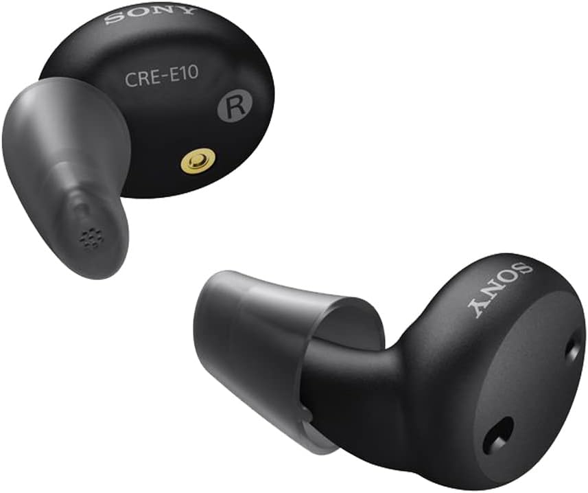 Sony CRE-E10 Self-fitting OTC kuuloapuvälineet lievää tai kohtalaista kuulon menetystä, Prescription-grade äänenlaatua, mukava korvanpohjan suunnittelu, Bluetooth Käytössä iOS, ja ladattava akku, musta