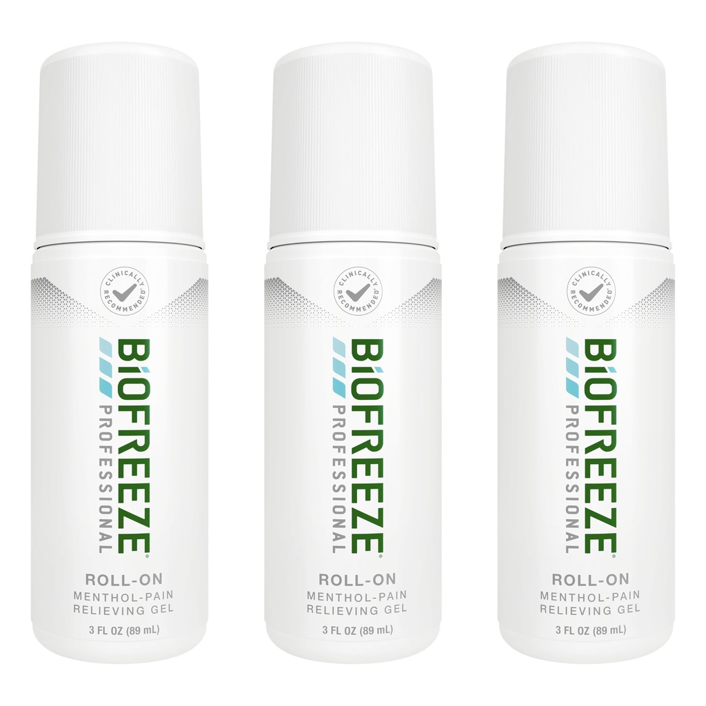 Biofreeze Professional Pain Relief Roll On för Knee, Neck, Hip, Joint & Shoulder, Simple Backache Pain Reliever, Sore Muscle Relief, Roll-On Menthol Gel 3 Fl Oz (Pack of 3)