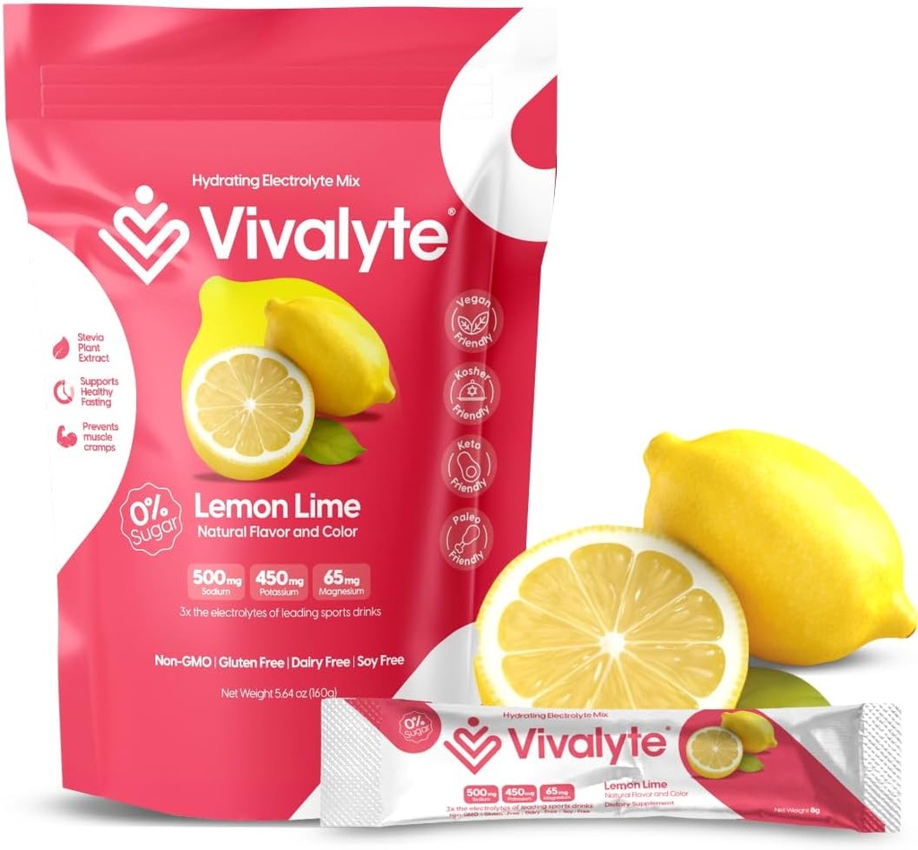 Electrolyte Powder No Sugar Stevia Sweetened 100% Natural Hydration Packets - 20 greve | Natrium, Kaliumcitrat & Magnesium L-Threonate (5,64, Lemon)