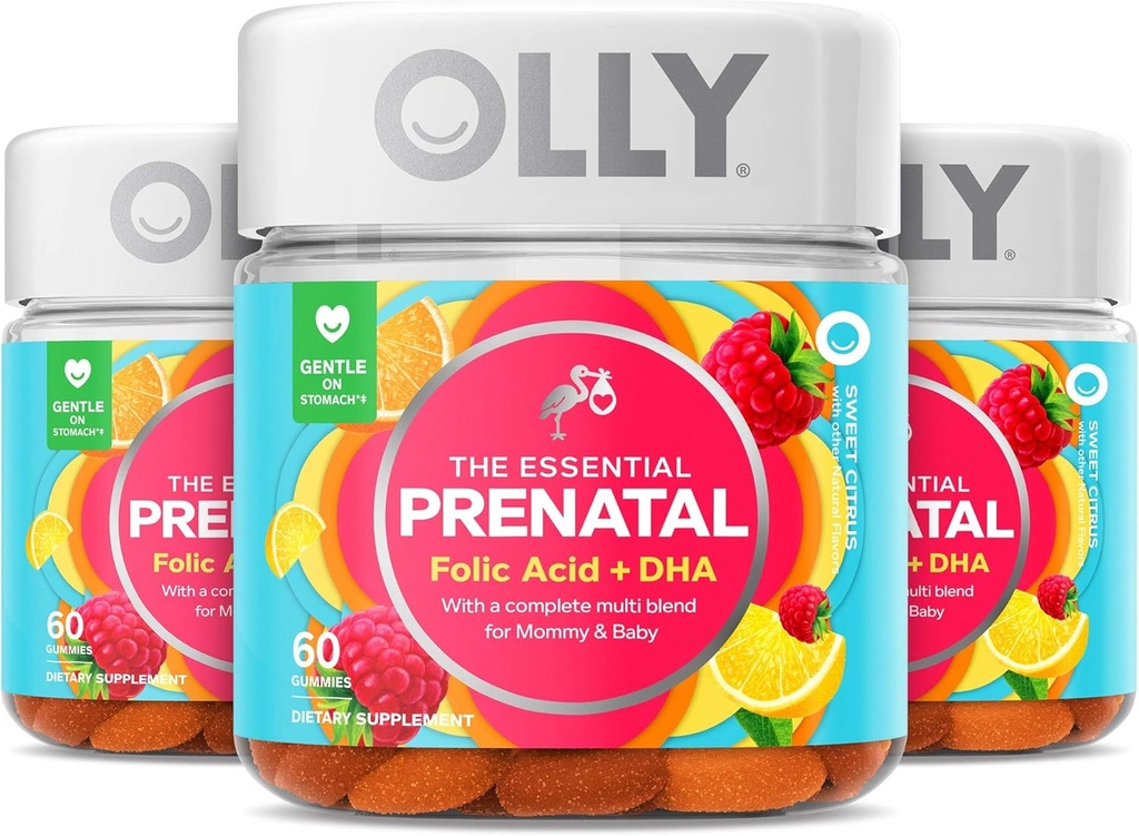 Olly Prenatal Multivitamin Gummy, Folic Acid, vitamin D, Omega DHA, Chewable Supplement, 60 Gummies Citrus 3 Count