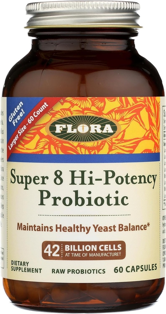 Flora - Super 8 Hi Potency Probiotics 60 Count - Healthy Yeast Balance & Digestive Health - för män och kvinnor - 42 miljarder CFU, rå, glutenfri - upp till 2 månaders leverans