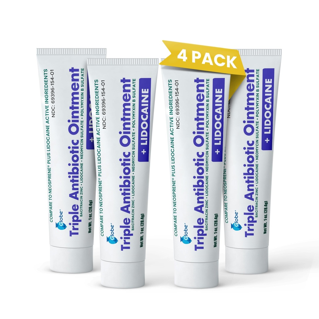 Globe (4-Pack) Lidokaiini Ensiapu Antibiootti voide 1 Oz - Maksimaalinen vahvuus kipu lievittää ja infektio suojautua - Numbs iho nopea lidokaiini - hätäkäyttö ja infektioiden suojelu