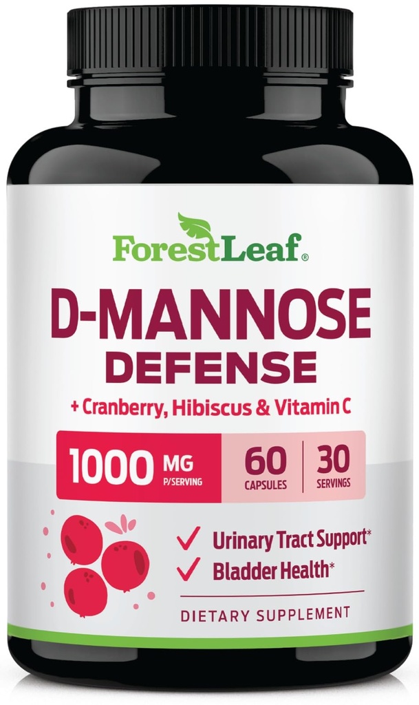 ForestLeaf D Mannose 1000 mg kapselit - D- mannoosi karpalon, Hibiscus & VIT C, virtsateiden terveys naisille ja miehille, Organic DMannose pillereitä UTI, virtsanterveys & virtsarakon tuki 60 kapselia