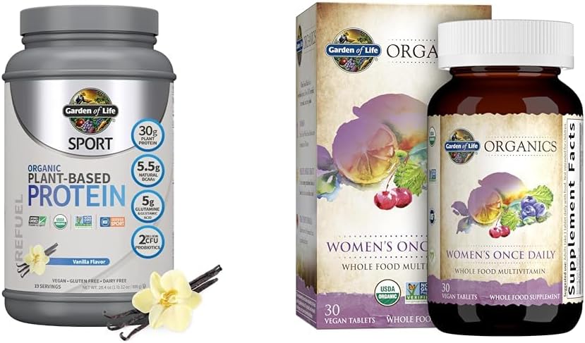 Garden of Life Organic Vegan Sport Protein Powder & Once Daily Women's Multi - Probiotika, BCAAs, Antioxidanter, 30g Plant Protein, vitamin A C D3 K B6 B12, Non GMO
