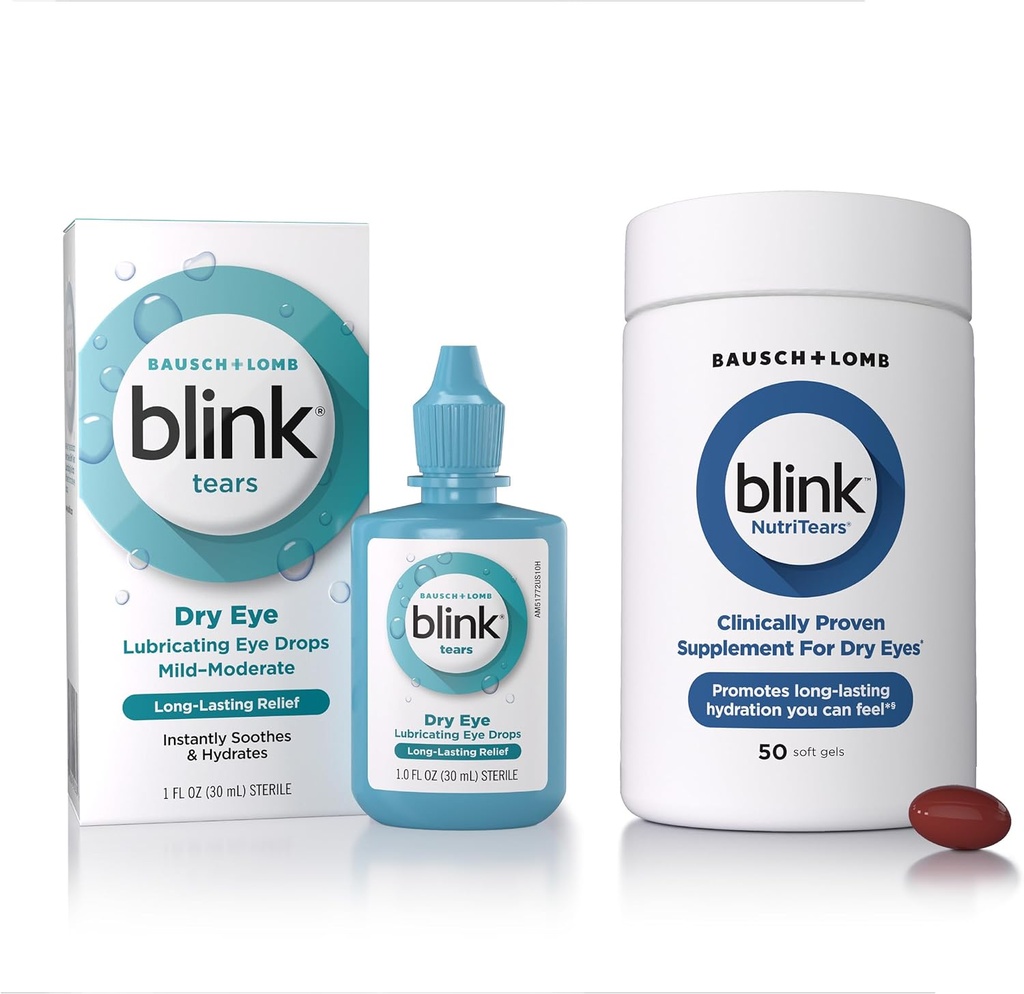 BLINK Kyynelten voiteluun Silmätipat, 1 fl oz (30 ml) Silmänhoito Lievästä kohtalaiseen kuivaan silmät, hyaluronaatti nesteytyksen tehostamiseen NutriTears Kliinisesti todistettu täydennys kuiville silmille, 50 Softgels
