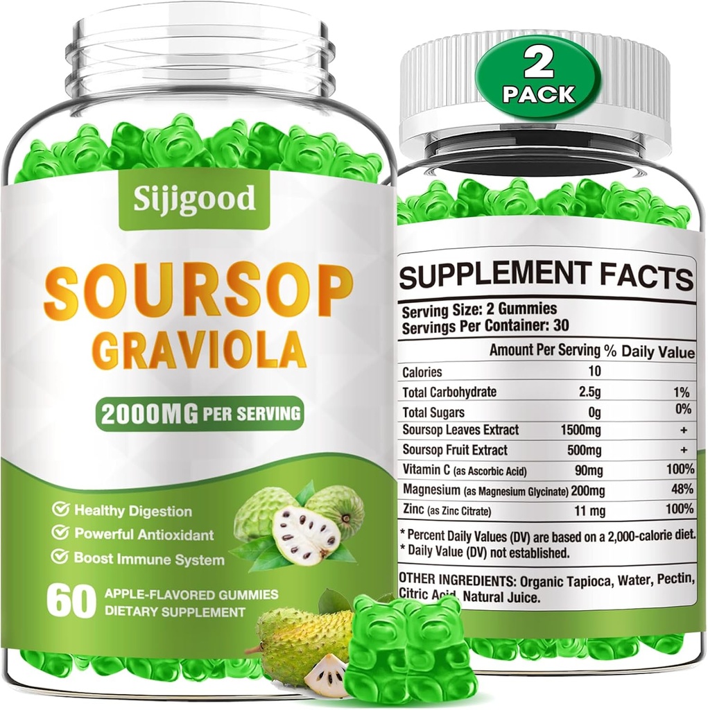 2 Pack Soursop Graviola Gummies - Organic Soursop Leaves & Fruit Extract - Digestive Aid, Immune Support & Antioxidant Properties - 120 Apple smaksatta Gummies