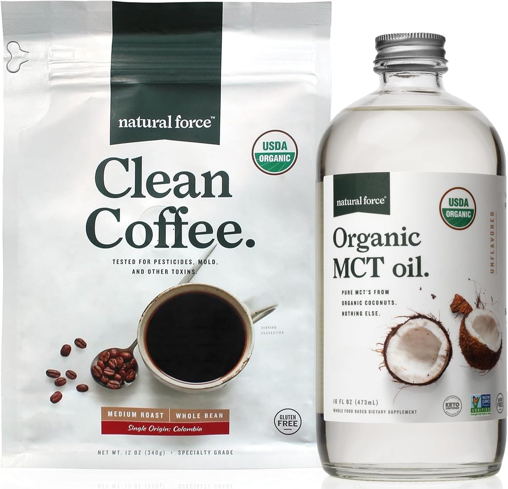 Natural Force Organic Clean Coffee + Organic MCT Oil Bundle 100% Pure Coconut MCTs & Mold & Mycotoxine Free Coffee ...