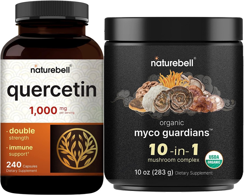 NatureBell Quercetin 1000mg Per Serving & 10 i 1 Mushroom Powder, 10oz Bundle Pack | Ultra Strength Quercetin Supplement | Immune Booster & Brain Health Support