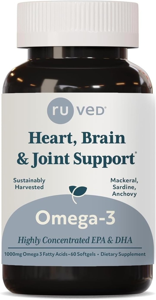 ruved Omega-3 - Omega 3 Fish Oil, 1000mg Per Kapseli, EPA & DHA Fish Oil Supplement for Women & Men, Heart, Brain, & Joint Support - 60 Softgel Kapselit (1 kreivi)