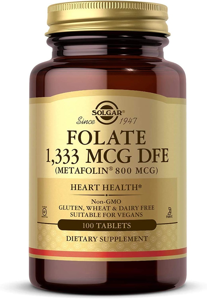 Solgar Folate 1 333 mikrog DFE, 100 tablettia - 800 mikrog Bio-Active Metafolin - Heart Health - Ei-GMO, Vegan, Gluteeniton, Dairy Free, Kosher - 100 tarjoilua