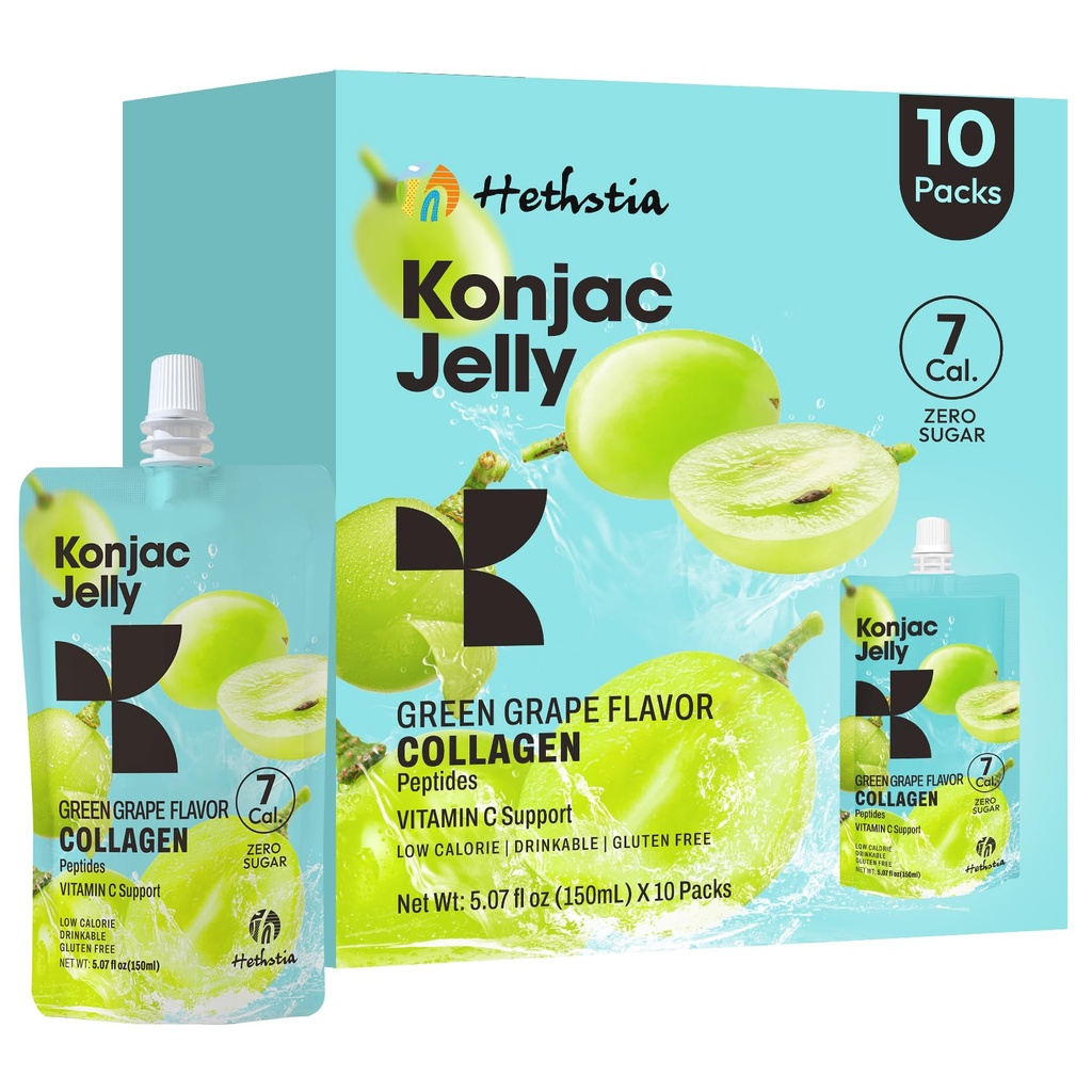 Hethstia Konjac Jelly Green Grape Flavor, 10 Puches, Juotava Rypälehyytelö Collagen Peptides, 7 Kcal, Sokeriton, Gluteeniton, Keto, Vegan, On-The-Go Chewy Light Snacks