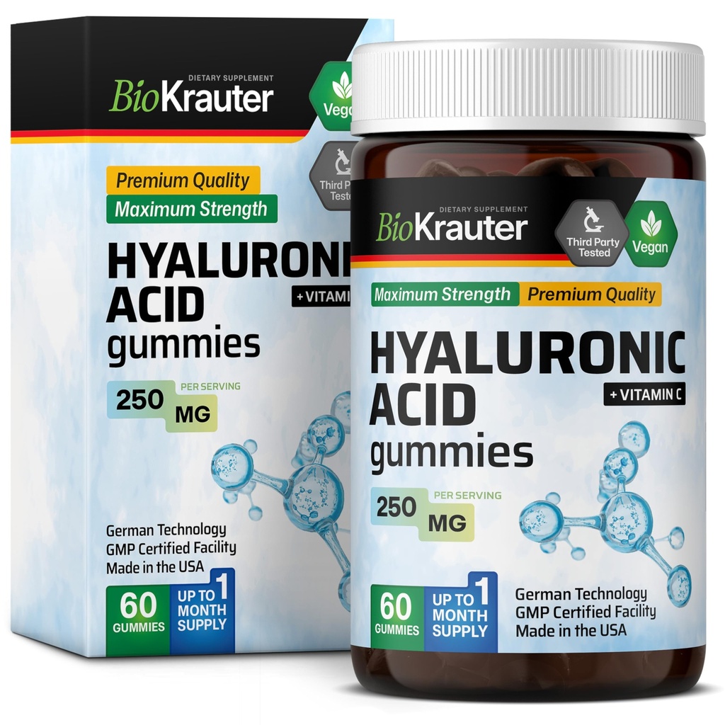 BIO KRAUTER Hyaluronic Acid Gummies w/Vitamin C - 250 mg - 60 Vegan Chews - Hyaluronic Acid Supplements - Pektiinipohjainen