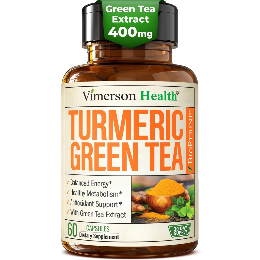 Turmeeric Curcumin supplement with Green Tea Extract (ECGC) & Vitamiin C for Joint Health, Energy & Tulehdus Balance - Organic Tumeric Curcumin with Black Pepper - Gluteeniton, ei-GMO - 60 kapselia
