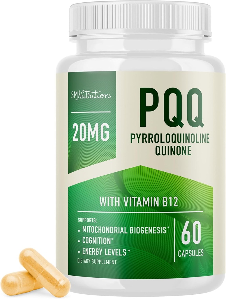 PQQ Supplement 20mg ... Mitokondriobiogeneesi & energiaoptimaattori CoQ10 & B12-vitamiinilla... tukee aivojen terveyttä ja mitokondrioita Tuotanto Ultra PQQ Formula Vegaani, Gluteeniton 60 kapselia
