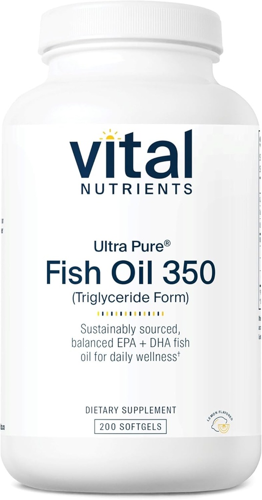 Vital Nutrients Ultra Pure® Fish Oil 350 | Stöder Hjärta, Hjärna och Immune Hälsa * | Hållbart Sourced EPA & DHA Omega-3 Fatty Acid | Lemon Flavor | Gluten, Dairy, Soy Free | 200 Softgels