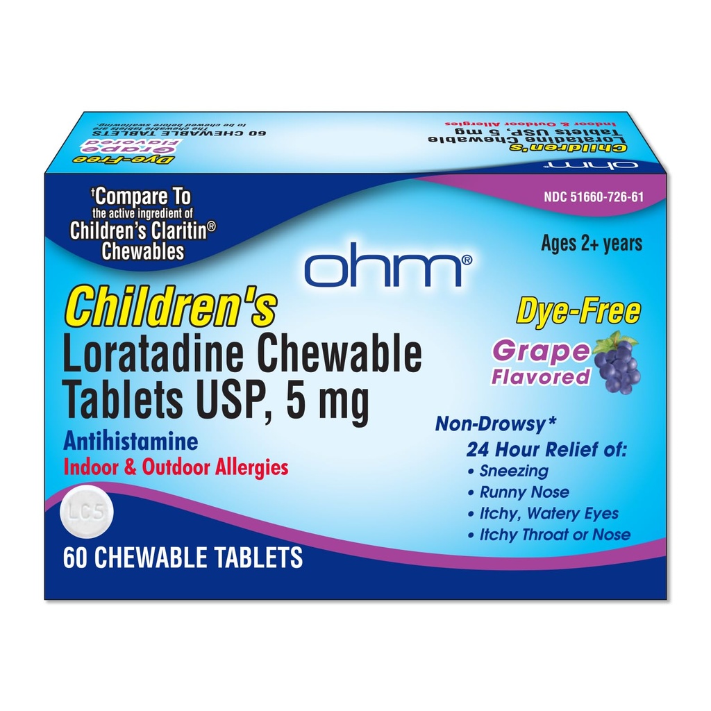 Ohm Children's Loratadine Chewable Tablets, Dye Free, Grape, Non-Drowsy 24h Relief of Sneezing, Runny Nose, Itchy Watery Eyes, Throat eller Nose, Antihistamine, Indoor & Outdoor Allergies, 5mg, 60 tabletter