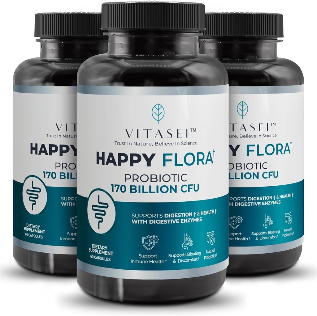VITASEI Happy Flora, Probiotic Supplement 170 miljarder CFU för en hälsosam tarmhälsa med enzymer för matsmältning, probiotika för kvinnor och män, 3 flaska - 180 kapslar