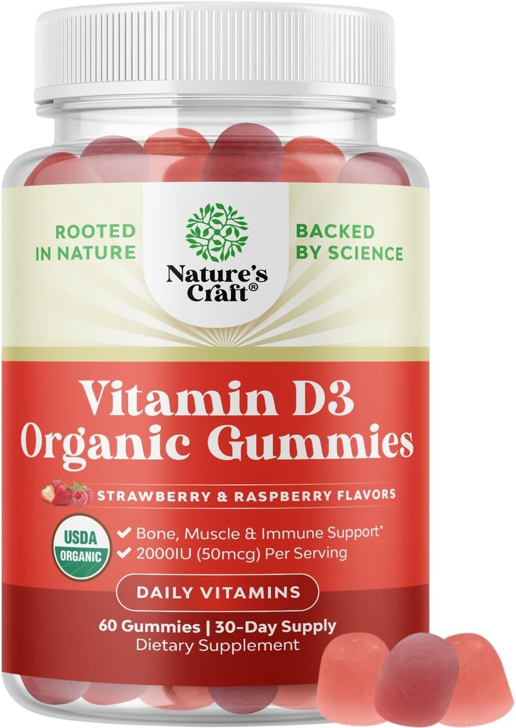 Organisk vitamin D3 Gummies för kvinnor och män - Vitamin D Gummies 2000IU per portion för benhälsa, muskler och immunstöd - icke-GMO-tillägg för vuxna - Gelatin & Gluten Free - 60 Gums