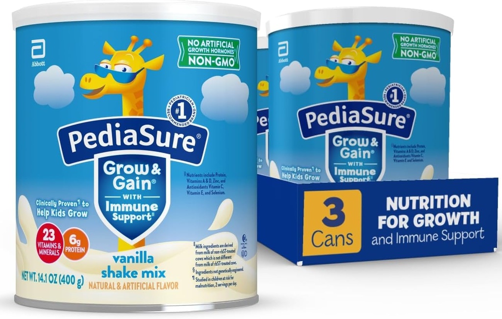PediaSure Grow & Gain with Immuuni Support Shake Mix Powder, 23 vitamiineja & Minerals, 6g proteiinia, ei-GMO, gluteeniton, vanilja, 14,1 oz Can, 3-24 annoksen pakkaus