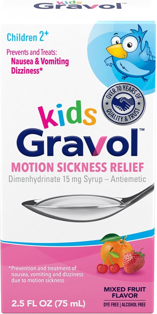 Gravol Kids Liquid for Motion Sairauden lievitys ja pahoinvointi ehkäisy, 2,5 fl oz (75 ml)