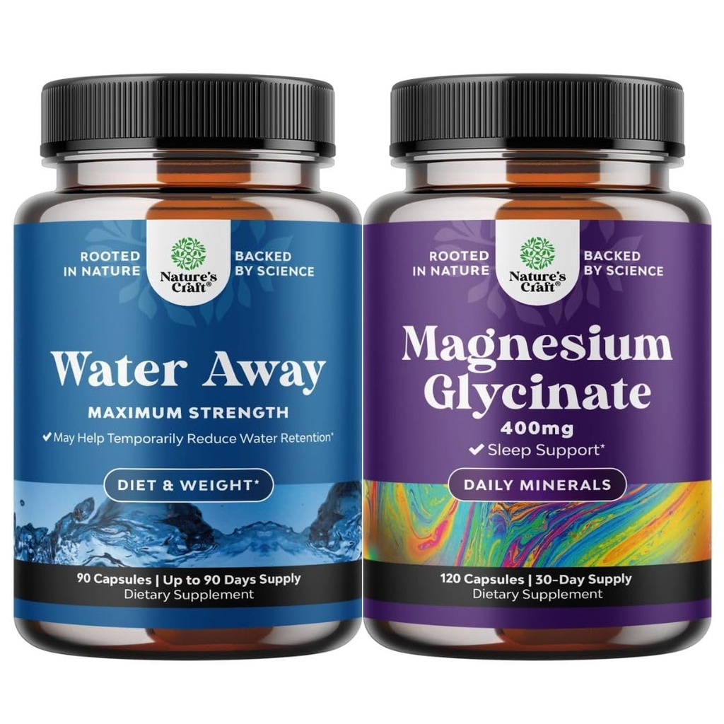 Bundle of Water Away Pills Maximum Strength - Herbal Diuretic Pills for Water Retention for Fast Acting Bloating Relief and Pure Magnesium Glycinate 400mg per Serving for Mood Uni ja rentoutuminen