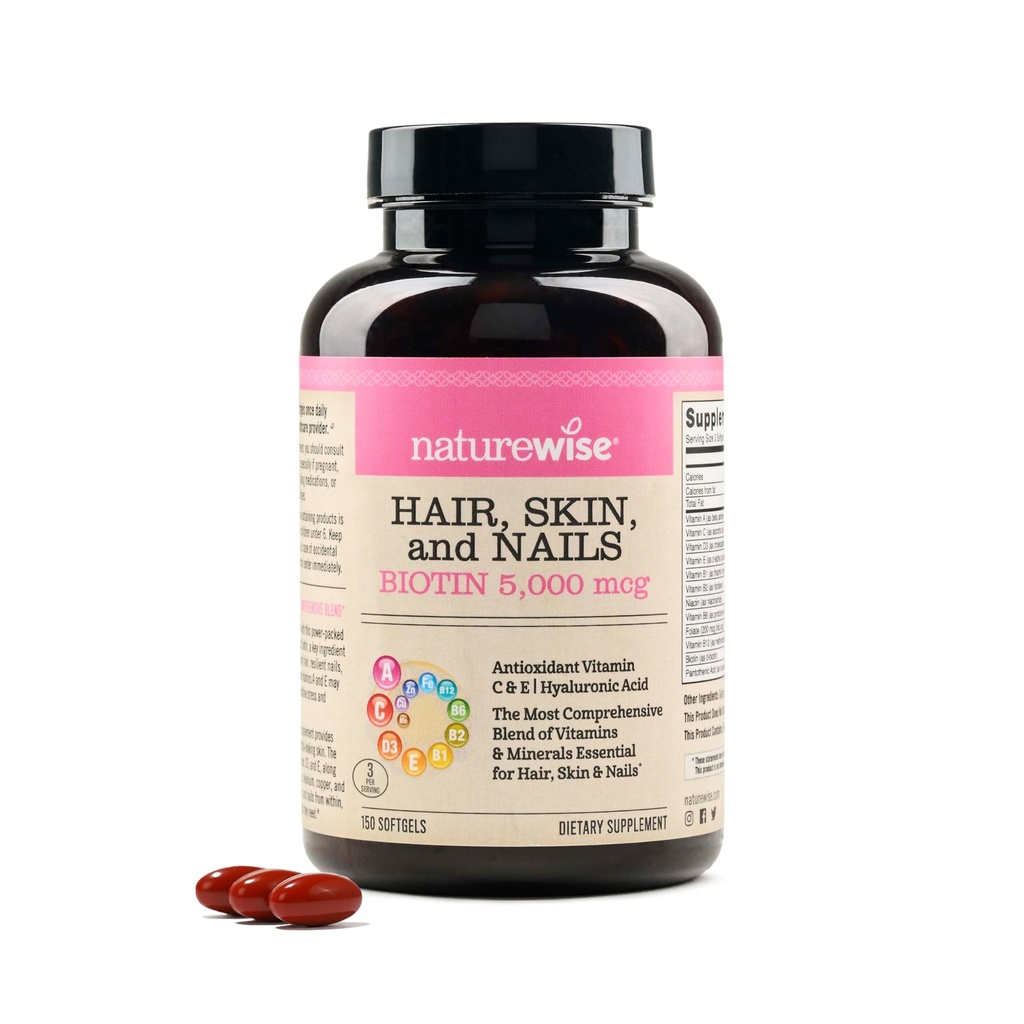 NatureWise Hair Skin and Nails Vitamiini, Biotiini 5000 mcg w/Hyaluronic Acid, Kollageeni naisille C, B Complex, D3, A, E, Rauta - ei-GMO, Gluteeniton - 150 Softgels[50-päivä toimitus]