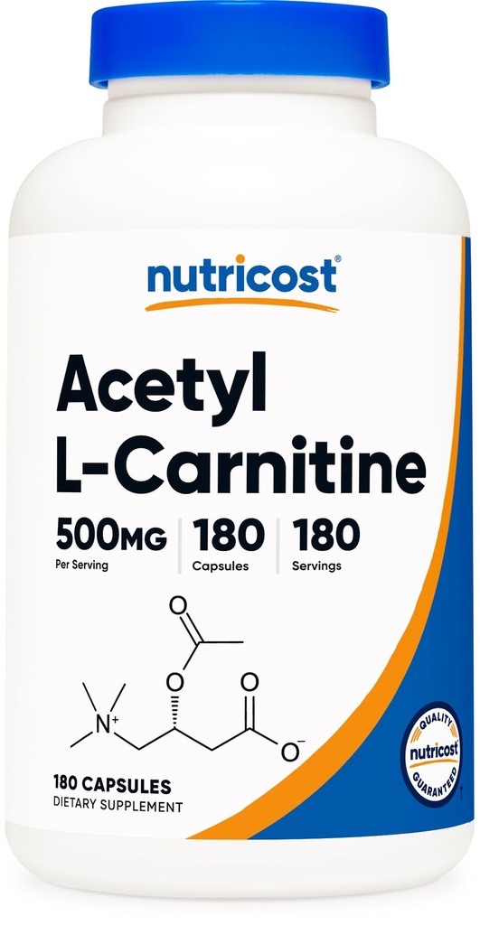Nutricost Acetyl L-karnitiini (ALCAR) 500 mg, 180 kapselia, 180 tarjoilua - ei-GMO- eikä gluteeniton, 1 kapseli per annos