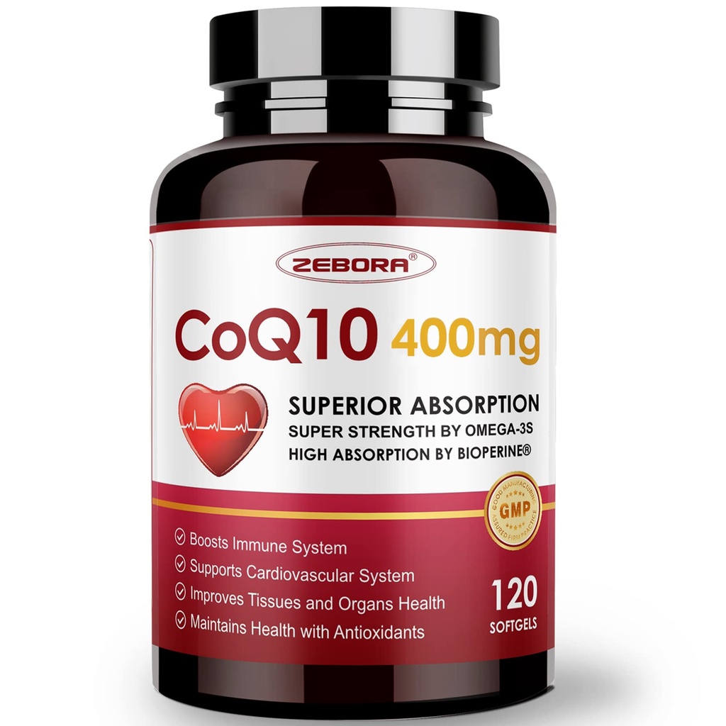 ZEBORA CoQ10-400mg-Softgels with PQQ, BioPerine & Omega-3, Coenzyme Q10(Ubikinone) Supplement for High-Absorption, Powerful-Antioxidantti, Support Heart & Energy-Production, 120 Servings
