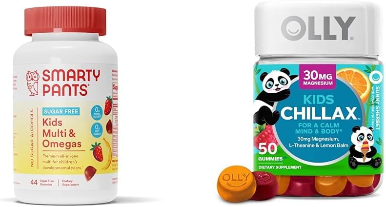 SmartyPants Kids Multivitamiini Gummies, Sokeriton: Omega 3 (ALA) & Olly Kids Chillax, Magnesium Gummies Plus L-Theanine, sitruunan balsami, Rauhallinen Chews lapsille 4+, Sherbet Flavor - 50 Count (Pack of 1)