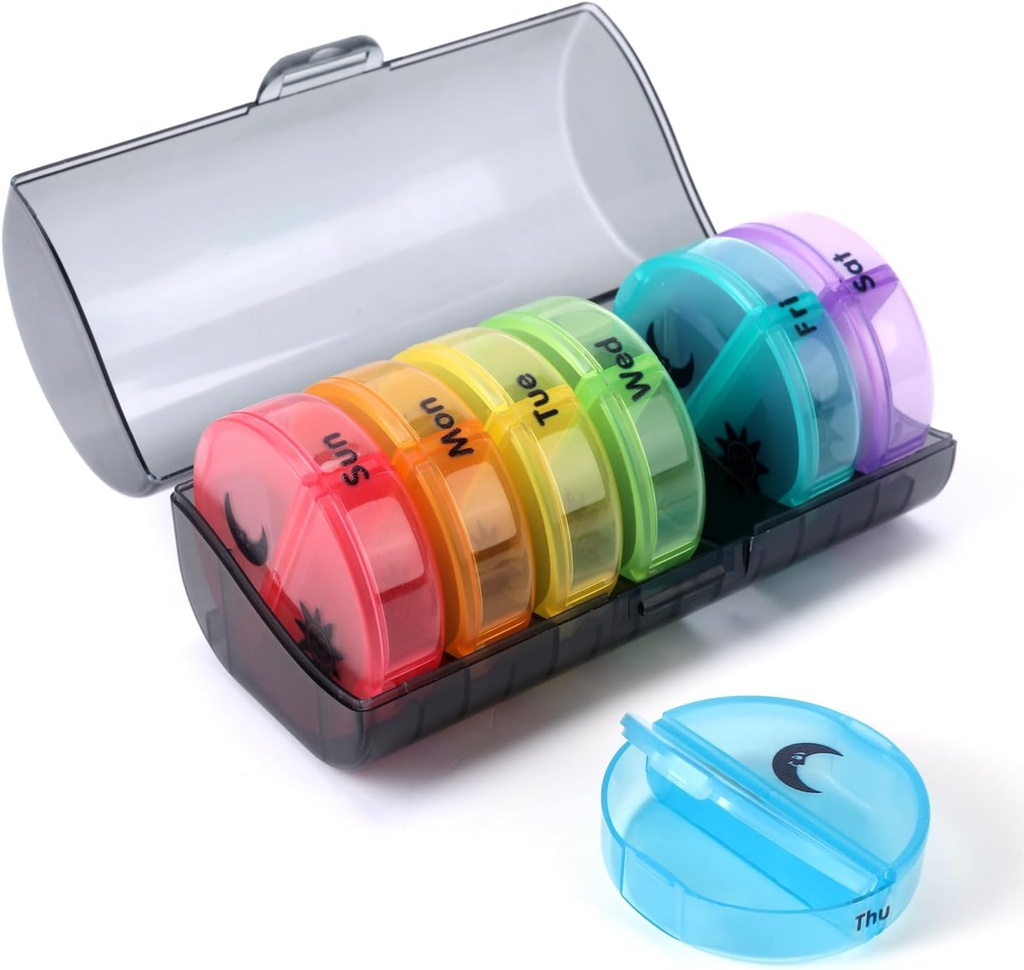 Viikottainen pilleri Organizer 2 Kertaa päivässä, Matka pilleri Laatikko 7 Päivä, Kello kaksi kertaa päivässä pilleri tapauksessa, Kannettava päivittäin vitamiinien Järjestäjät lääkkeiden, Vitamiinit, Kalaöljy, Lisäravinteet (Multi-väri)