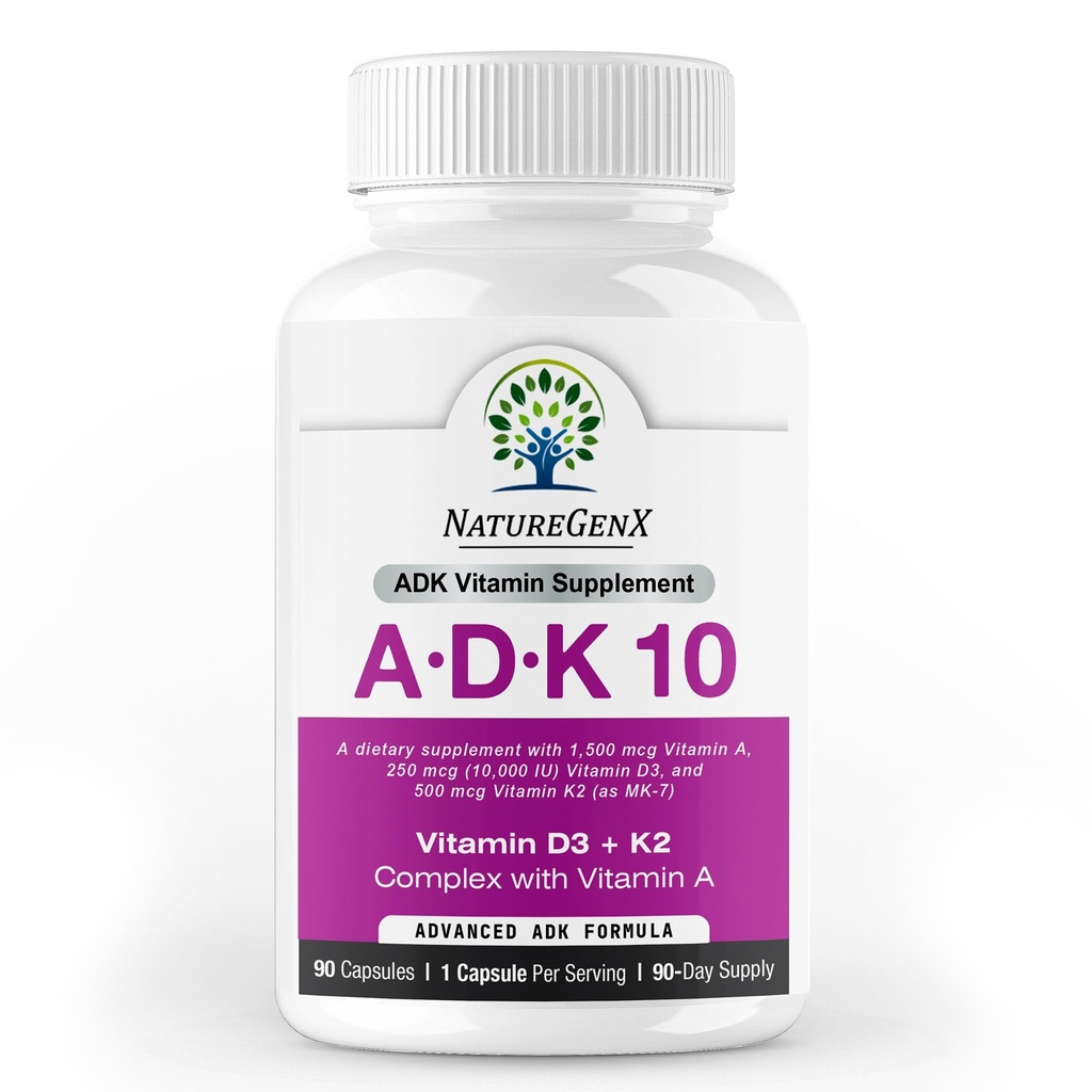 ADK10 - ADK Vitamin Supplement | High Potency Vitamins A, D3 (10.000 IE) & K2 MK-7 för Bone, Heart & Immune Health | 90 Tiny Capsules | 3 Month Supply | Non-GMO, Gluten Free